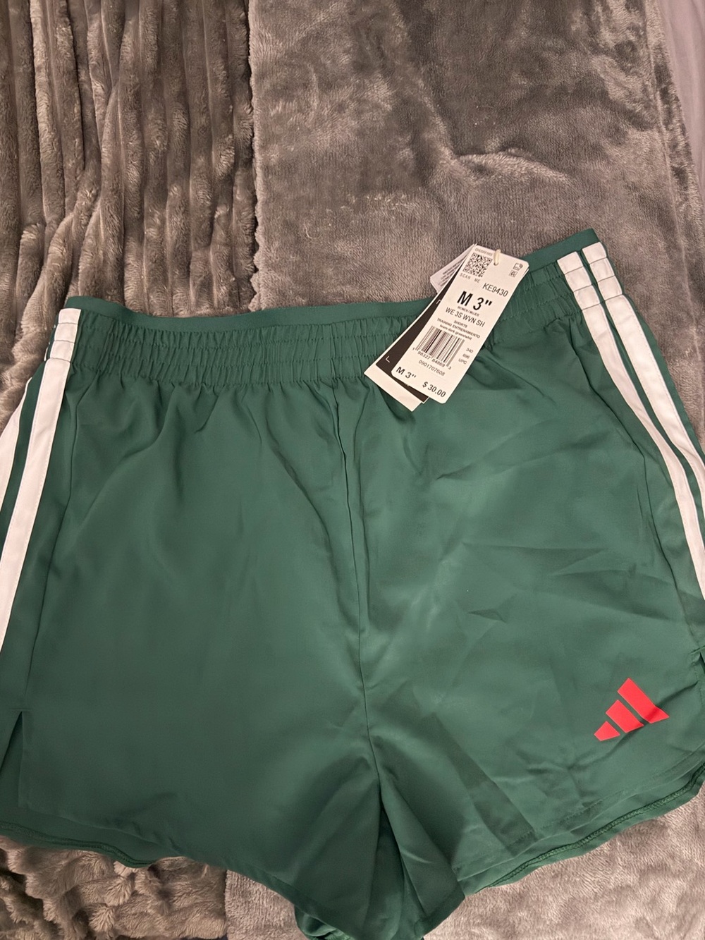 adidas Green Athletic Shorts with White Stripes and Red Logo